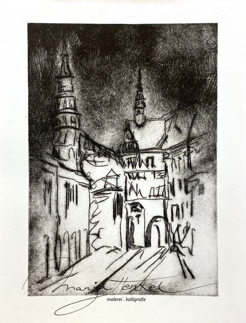Stadtansicht "Brüderstrasse mit Schönhof - Goerlitz" Kaltnadelradierung 19x25cm