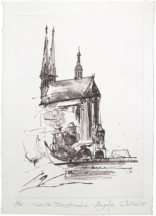 Druckgrafik Algrafie - Stadtansicht "Peterskirche Görlitz" Algrafie auf Büttenpapier 25x35cm